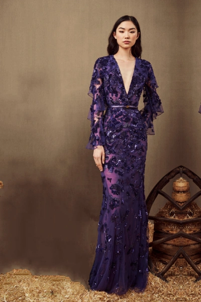 Zuhair Murad Beaded Long Sleeve Gown With Belt | ModeSens