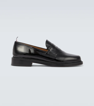 Thom Browne Soft Patent Leather Varsity Penny Loafer In Black
