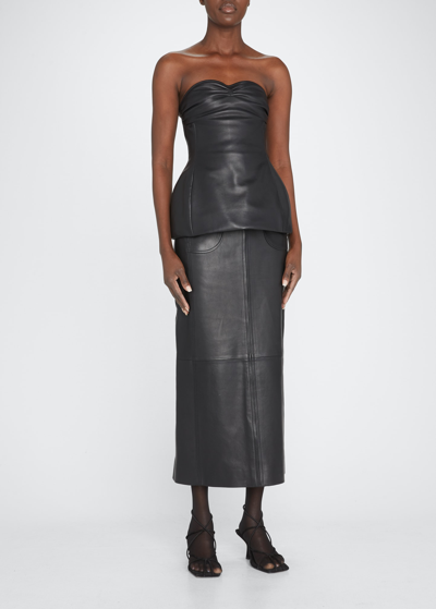 Khaite Blanche Strapless Leather Peplum Top In Black