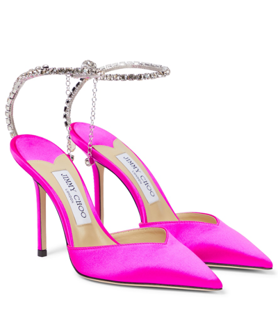 Jimmy Choo Saeda 100 Embellished Satin Pumps In Fuchsia/ Crystal