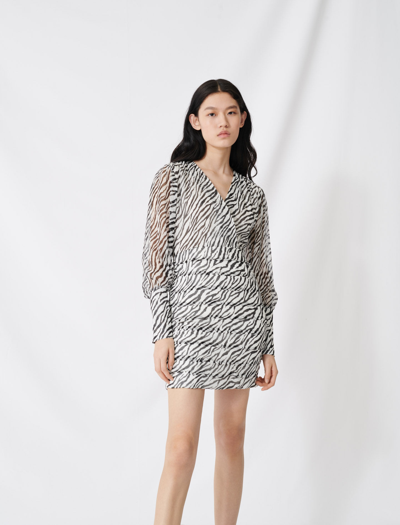 Maje Shirred Printed Dress In Black