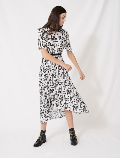 Maje Motif Dress With Inlaid Waistband In White / Black