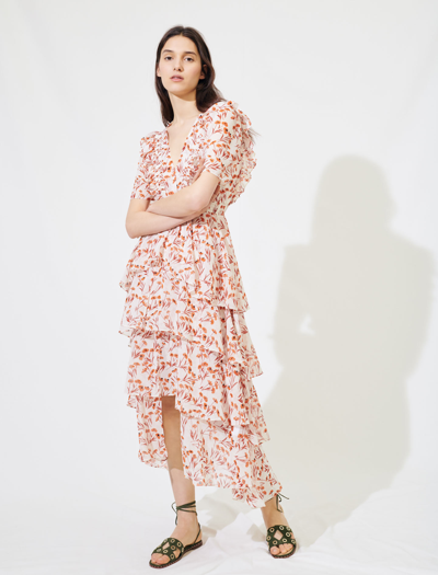 Maje Printed Maxi Dress With Ruffles In Terracota