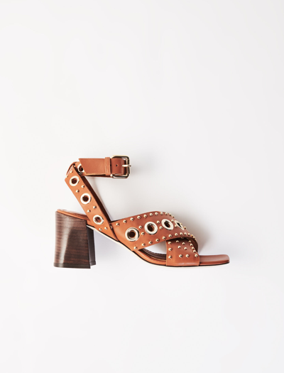 Maje Ferma Eyelet-embellished Leather Sandals In Camel