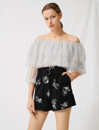 Maje Ima Embroidered Pleated Stretch-crepe Shorts In Black / White