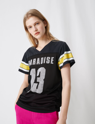Maje Mesh-paneled Printed Cotton-jersey T-shirt In Black