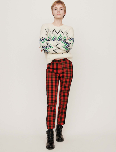 Maje Velvet Piped Plaid Pants In Red