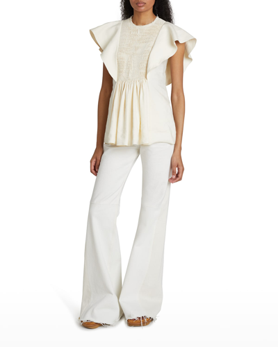 Chloé Ruffled Smocked Linen And Silk-blend Twill Peplum Blouse In Seedpearl Beige