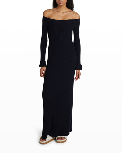 Chloé Off-the-shoulder Ribbed Wool And Cashmere-blend Maxi Dress In Navy