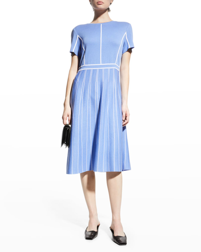 Misook Contrast Stripe A-line Knit Dress In Ribbon Blue/white