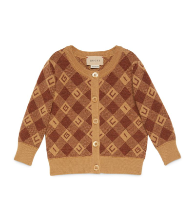 Gucci Kids Wool Check-print Logo Cardigan In Brown