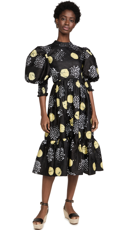 Busayo Kehinde Printed Puff-sleeve Midi Dress In Neutral