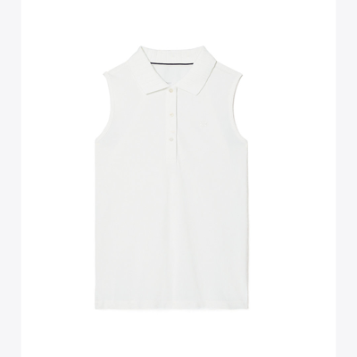 Tory Sport Tory Burch Performance Piqué Pleated-collar Sleeveless Polo In Snow White/snow White