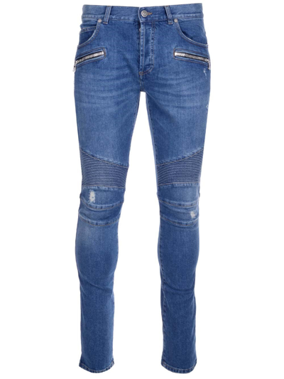 Balmain Biker Distressed Skinny Jeans In Blue