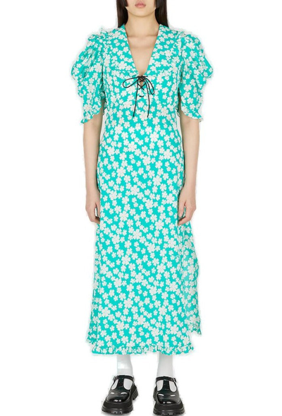 Miu Miu Botanical Ruffle-trim Lace-up Silk Maxi Dress In Green