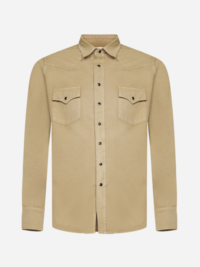 Saint Laurent Denim Stonewashed Western Shirt In Khaki