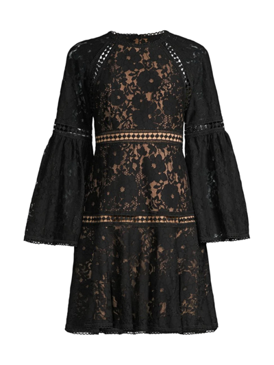 Michael Michael Kors Floral Lace Bell-sleeve Mini Dress In Black