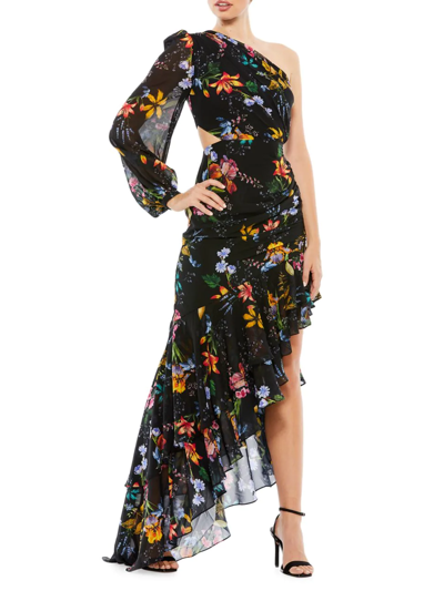 Mac Duggal Ieena Floral Slit-sleeve Asymmetric Gown In Black Multi