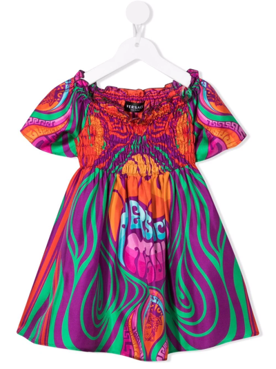 Versace Kids' Graphic-print Silk Maxi Dress In Orange