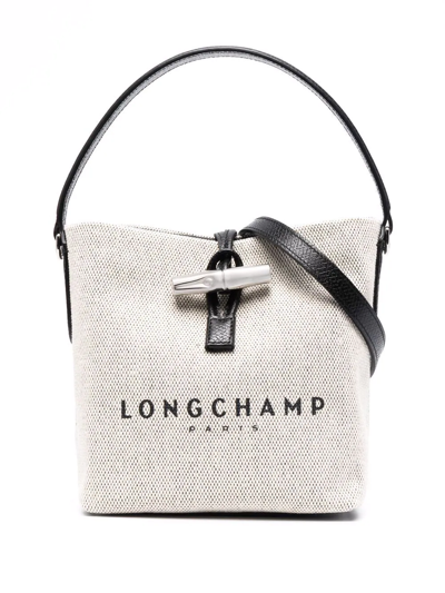 Longchamp Small Roseau Canvas Bucket Bag In Beige