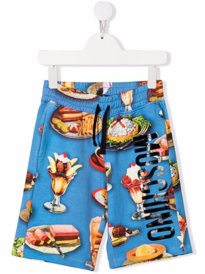 Moschino Kids' Diner Motif-print Track Shorts In Blue