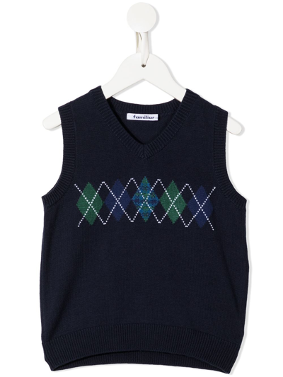 Familiar Kids' Argyle Knit Sleeveless Sweater In Blue