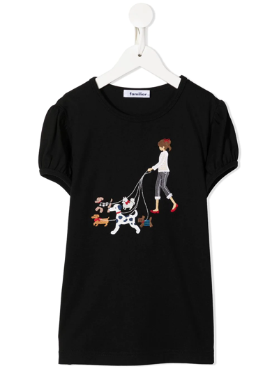 Familiar Kids' Embroidered Short-sleeved T-shirt In Black