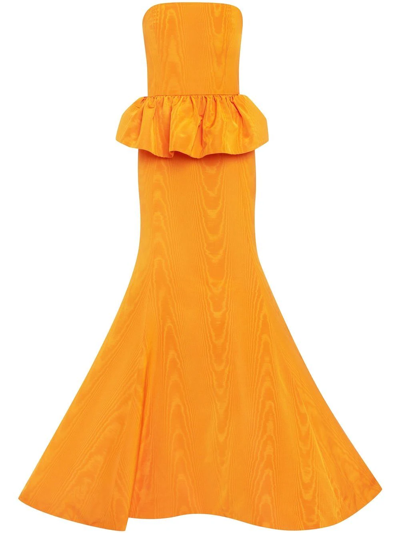 Oscar De La Renta Strapless Cotton-blend Moire Peplum Gown In Saffron