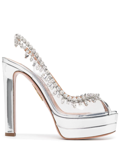 Aquazzura Temptation 130 Crystal-embellished Pvc And Leather Slingback Pumps In Silver