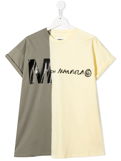 Mm6 Maison Margiela Kids' Logo-print Short-sleeved T-shirt In Mastic Green + Yellow Post It