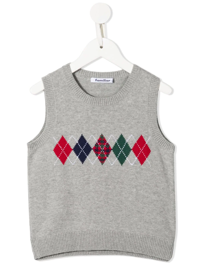 Familiar Kids' Argyle Knit Sleeveless Sweater In Grey