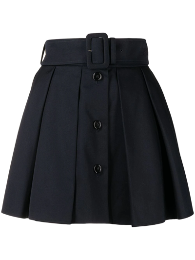 Patou Belted Pleated Cotton-twill Mini Skirt In Blue