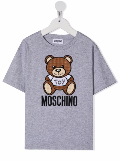 Moschino Kids' Logo-embroidered Short-sleeve T-shirt In Grey