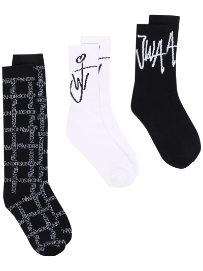 Jw Anderson Three-pack Logo-intarsia Socks In Black
