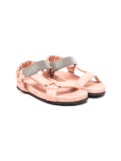 Brunello Cucinelli Kids' Silver-studded Touch-strap Sandals In Rosa