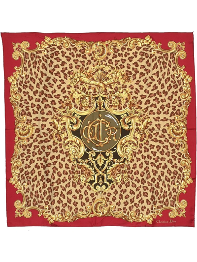 Pre-owned Dior  Leopard-print Silk Scarf In Red