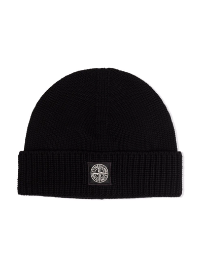 Stone Island Junior Kids' Logo-patch Cotton Beanie In Black