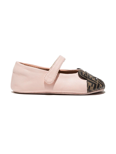 Fendi Babies' Animal-toecap Leather Ballerina Shoes In Pink