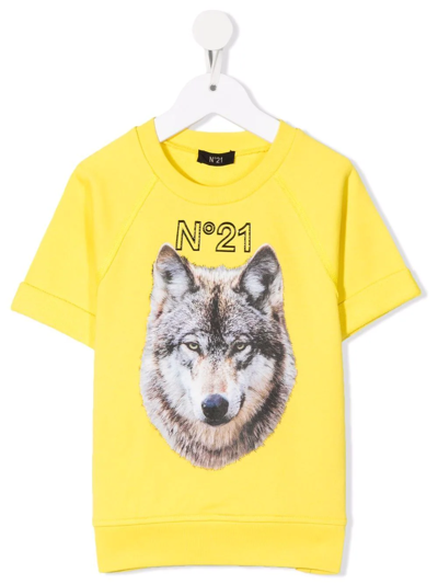 N°21 Kids' Wolf-print Short-sleeve Cotton Sweatshirt In Yellow
