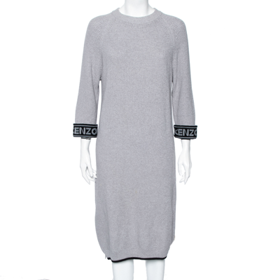 Pre-owned Kenzo Grey Knit Logo Trimmed Detailed Long Sleeve Sweater Dress S