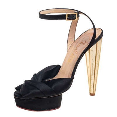 Pre-owned Charlotte Olympia Black Satin Serena Bow Ankle Strap Platform Sandals Size 38