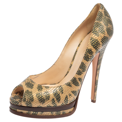 Pre-owned Casadei Beige/green Lizard Embossed Leather Peep Toe Platform Pumps Size 38