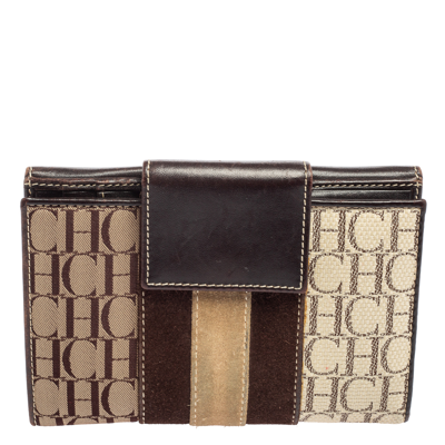 Pre-owned Ch Carolina Herrera Monogram Canvas Suede And Leather Flap French Wallet In Brown