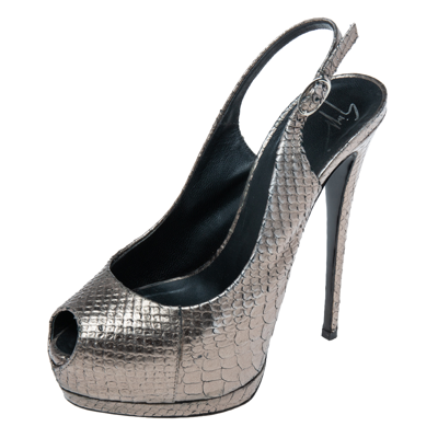 Pre-owned Giuseppe Zanotti Metallic Python Embossed Leather Peep Toe Platform Slingback Sandals Size 38