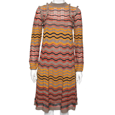 Pre-owned M Missoni Multicolor Wave Perforated Pattern Knit Ruffle Detailed Midi Dress S