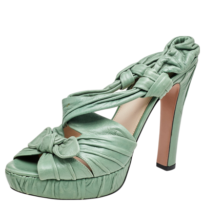 Pre-owned Prada Green Pleated Leather Bow Detail Slingback Platform Sandals Size 40