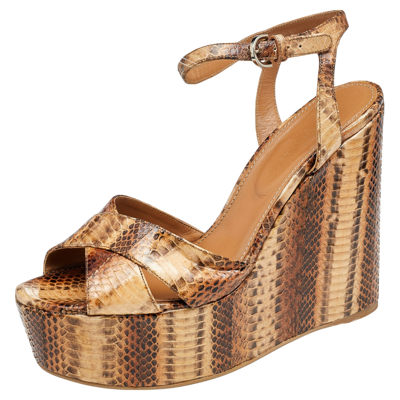 Pre-owned Sergio Rossi Brown Snakeskin Platform Wedge Sandals Size 39