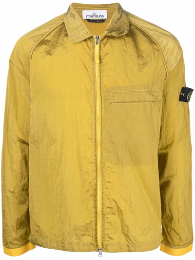 Stone Island Compass-patch Crinkled Zip-up Overshirt In Yellow