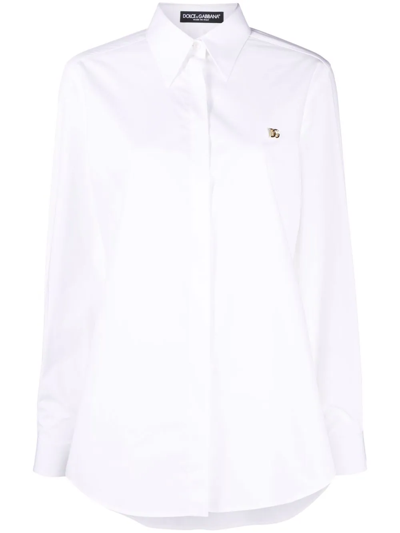 Dolce & Gabbana Logo-plaque Pointed-collar Cotton Shirt In White