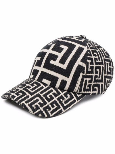 Balmain Monogram Jacquard Baseball Cap In Noir Ivoire